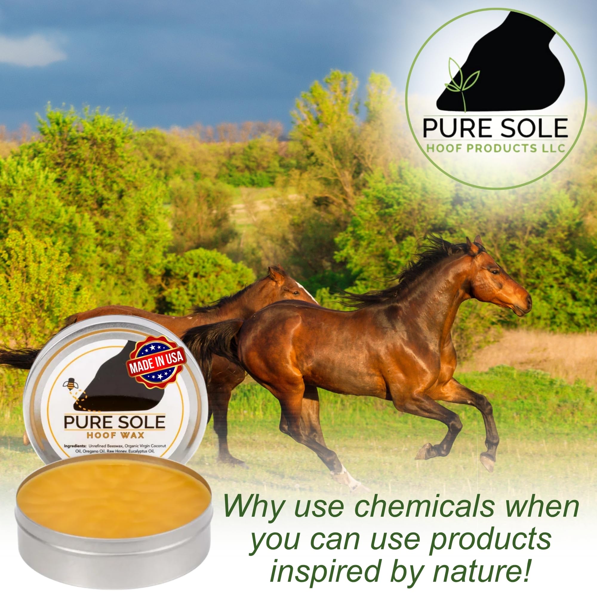 Packaging of Pure Sole Hoof Wax suggests natural hoof care.