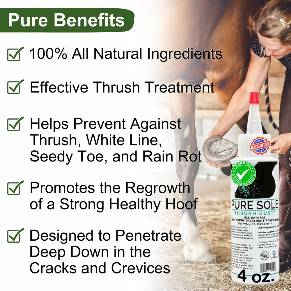 Pure Sole Thrush Treatment application brush shows gentle non-caustic use around the hoof