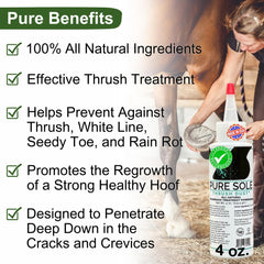 Pure Sole Thrush Treatment application brush shows gentle non-caustic use around the hoof