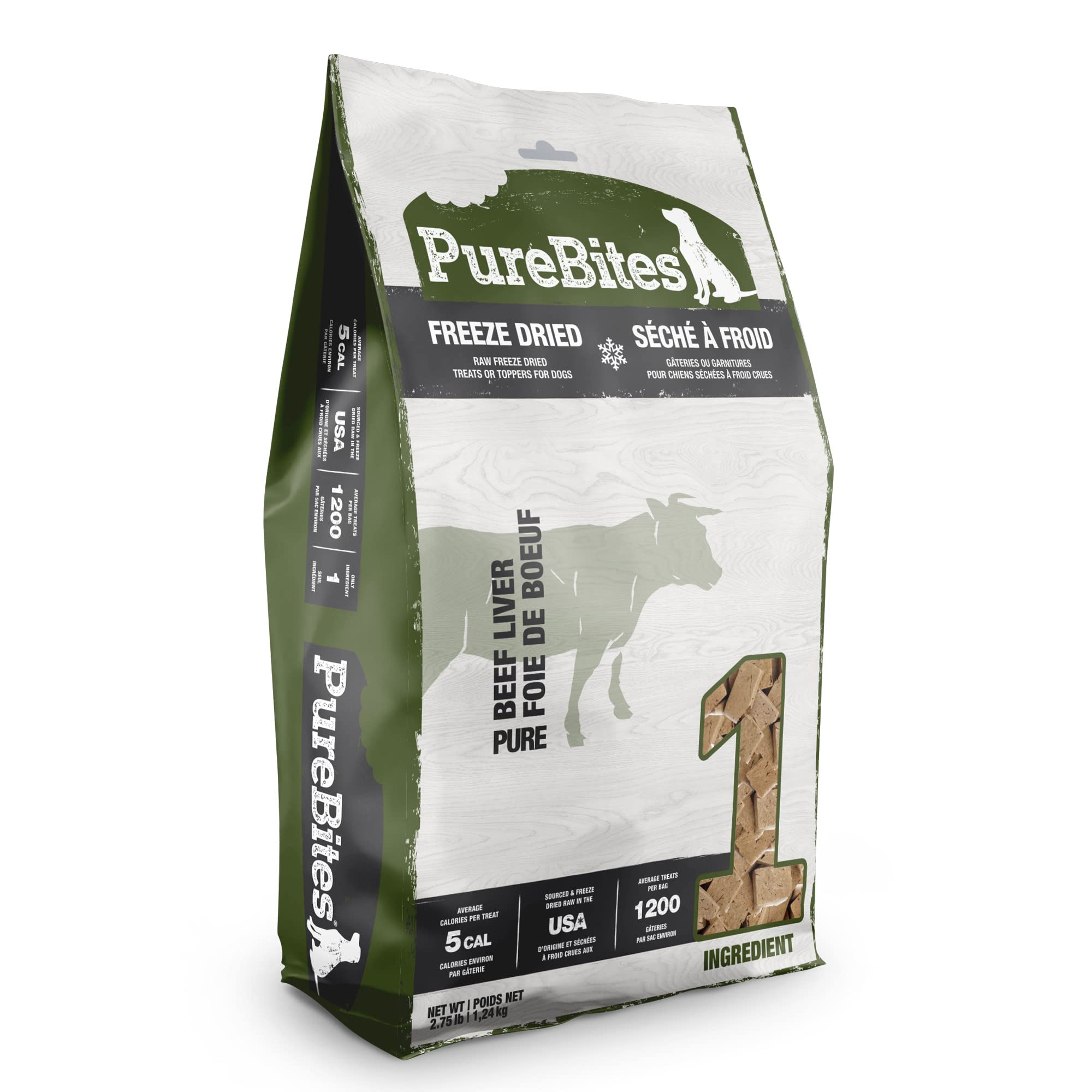 PureBites beef freeze-dried treats bag closeup showing simple one-ingredient formula for dogs