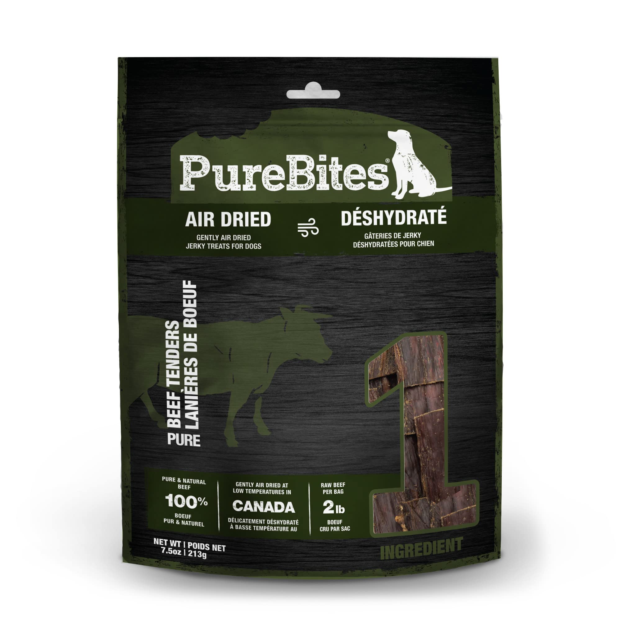 PureBites beef jerky packaging highlights single-ingredient beef for clean treats.