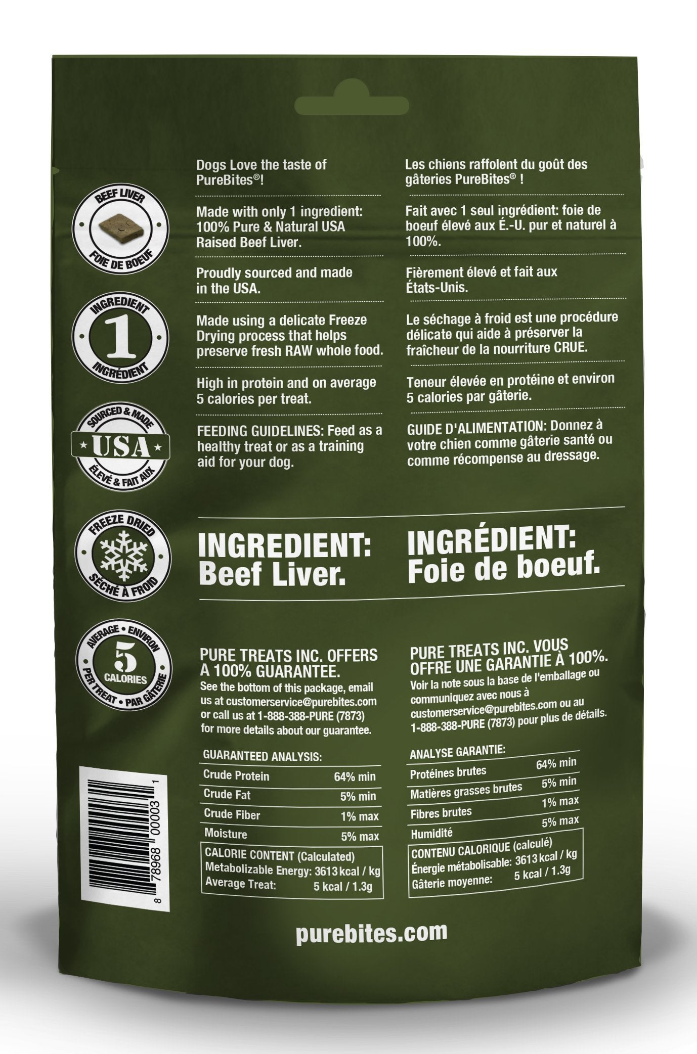 PureBites Beef Liver ingredients panel shows single-ingredient beef liver.