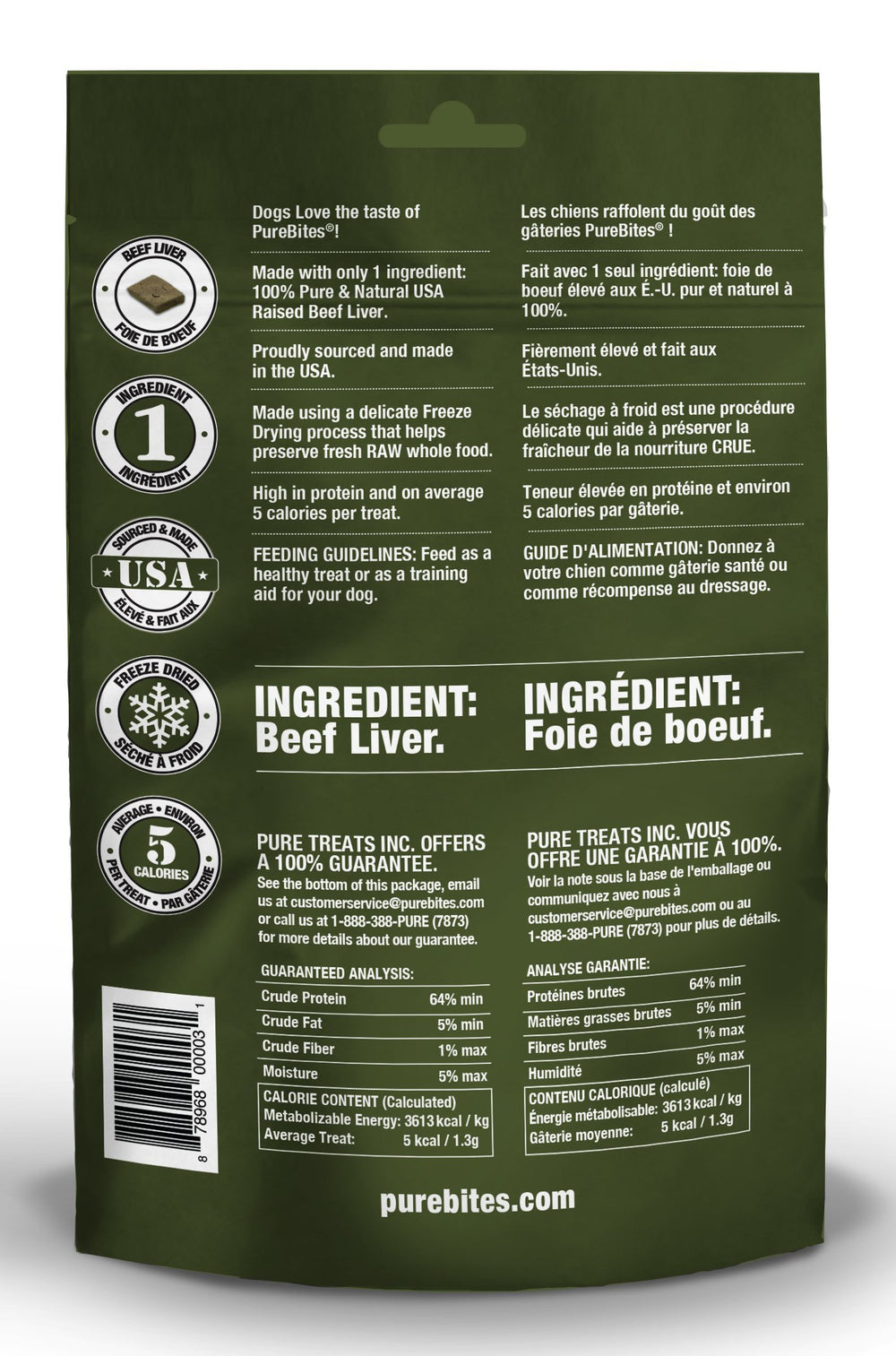 PureBites Beef Liver ingredients panel shows single-ingredient beef liver.