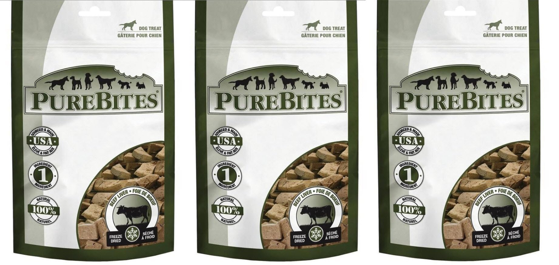 PureBites Beef Liver freeze-dried dog treats pack shot, protein-rich reward for dogs.