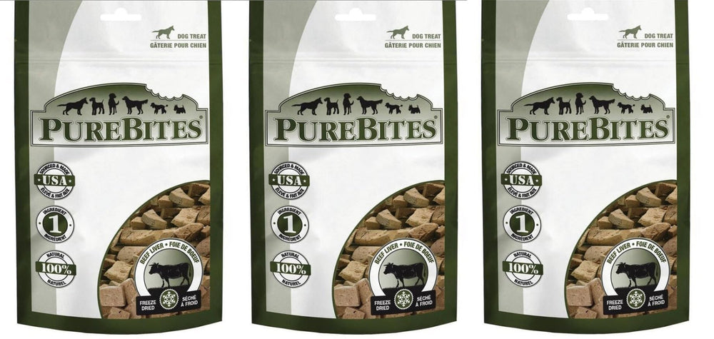 PureBites Beef Liver freeze-dried dog treats pack shot, protein-rich reward for dogs.