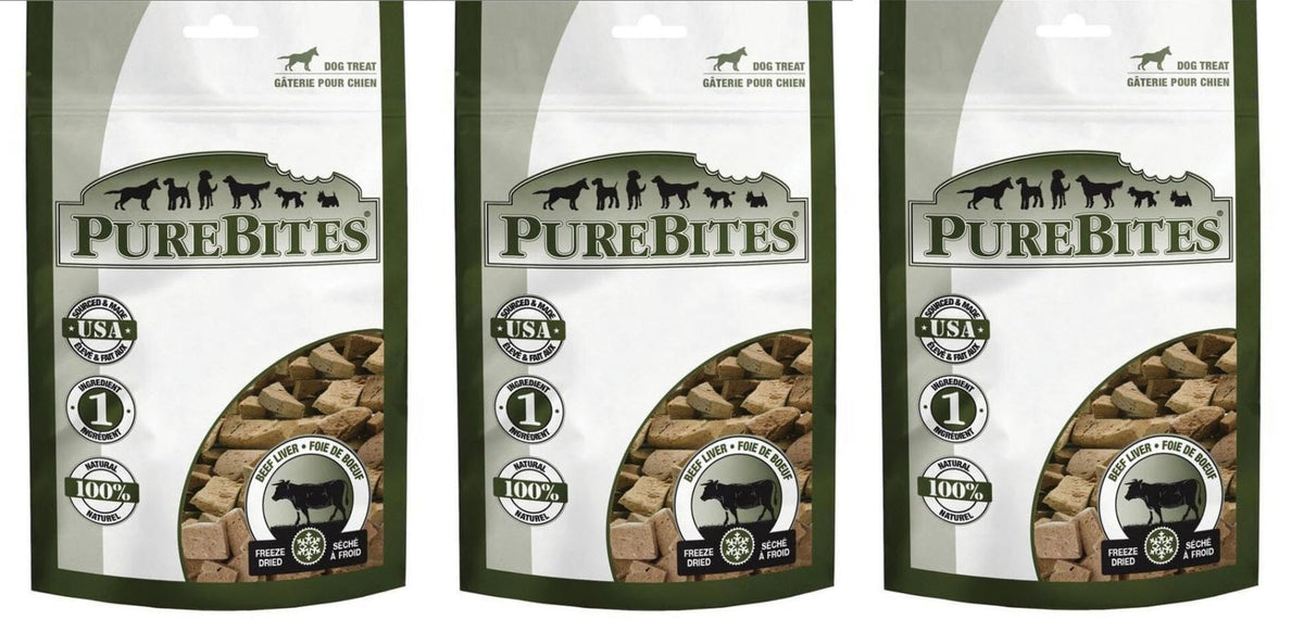 PureBites Beef Liver freeze-dried dog treats pack shot, protein-rich reward for dogs.