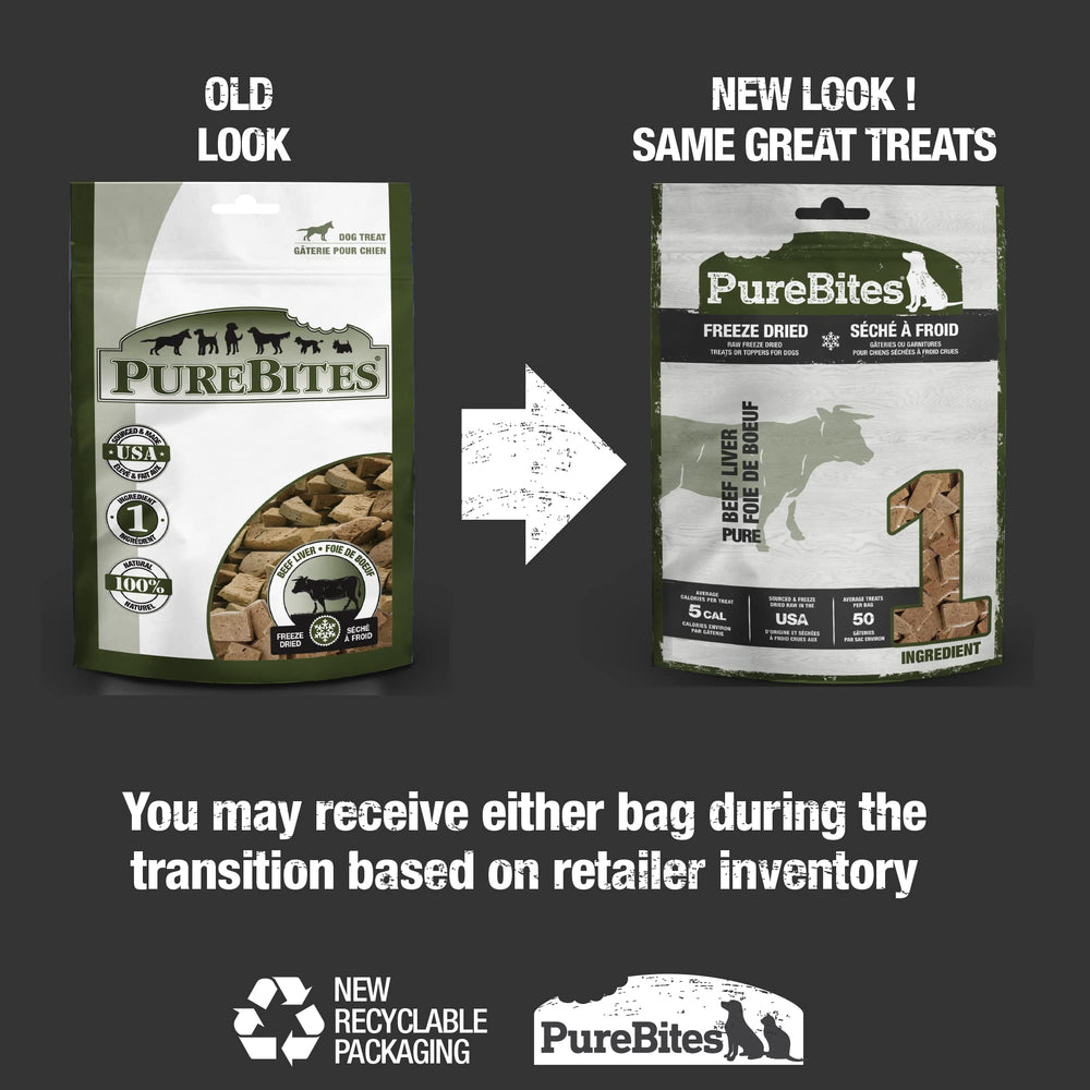 PureBites beef liver freeze-dried ingredient label highlighting 1-ingredient purity for sensitive diets.