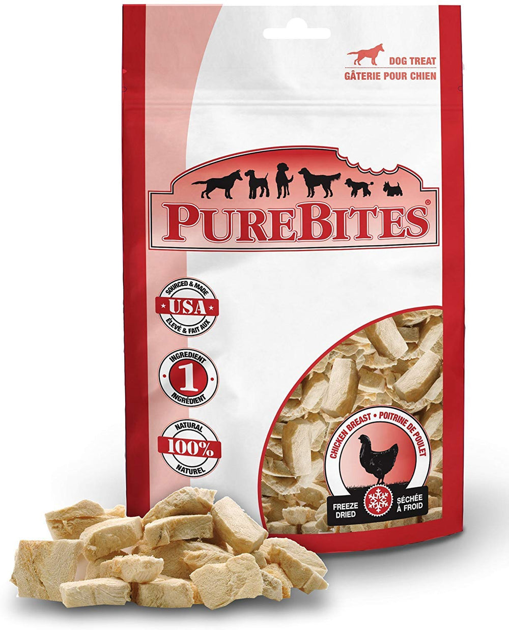 PureBites chicken breast freeze-dried treat tray highlights crisp texture and aroma for training rewards.