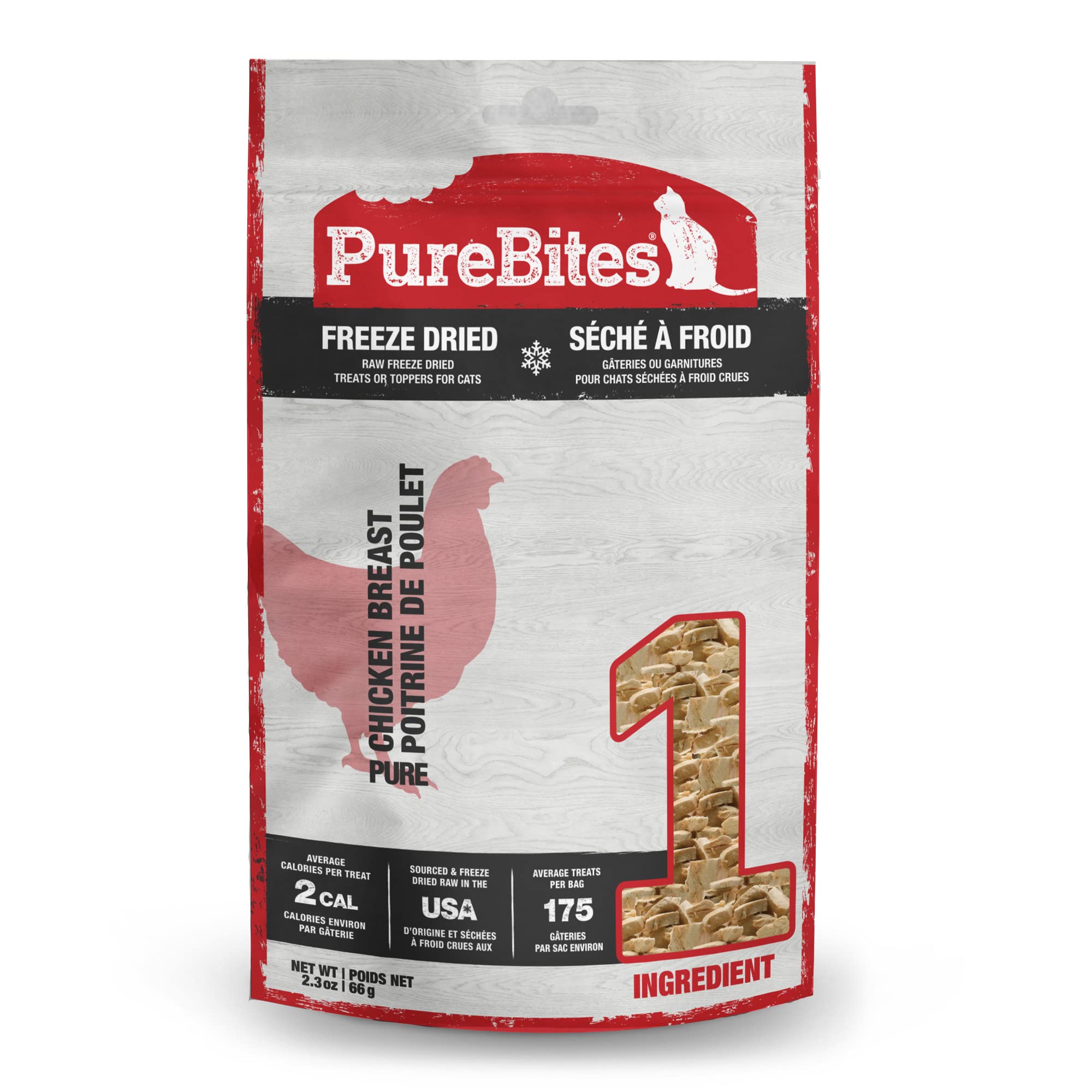 PureBites chicken freeze-dried bag front shows a simple, high-protein treat for cats