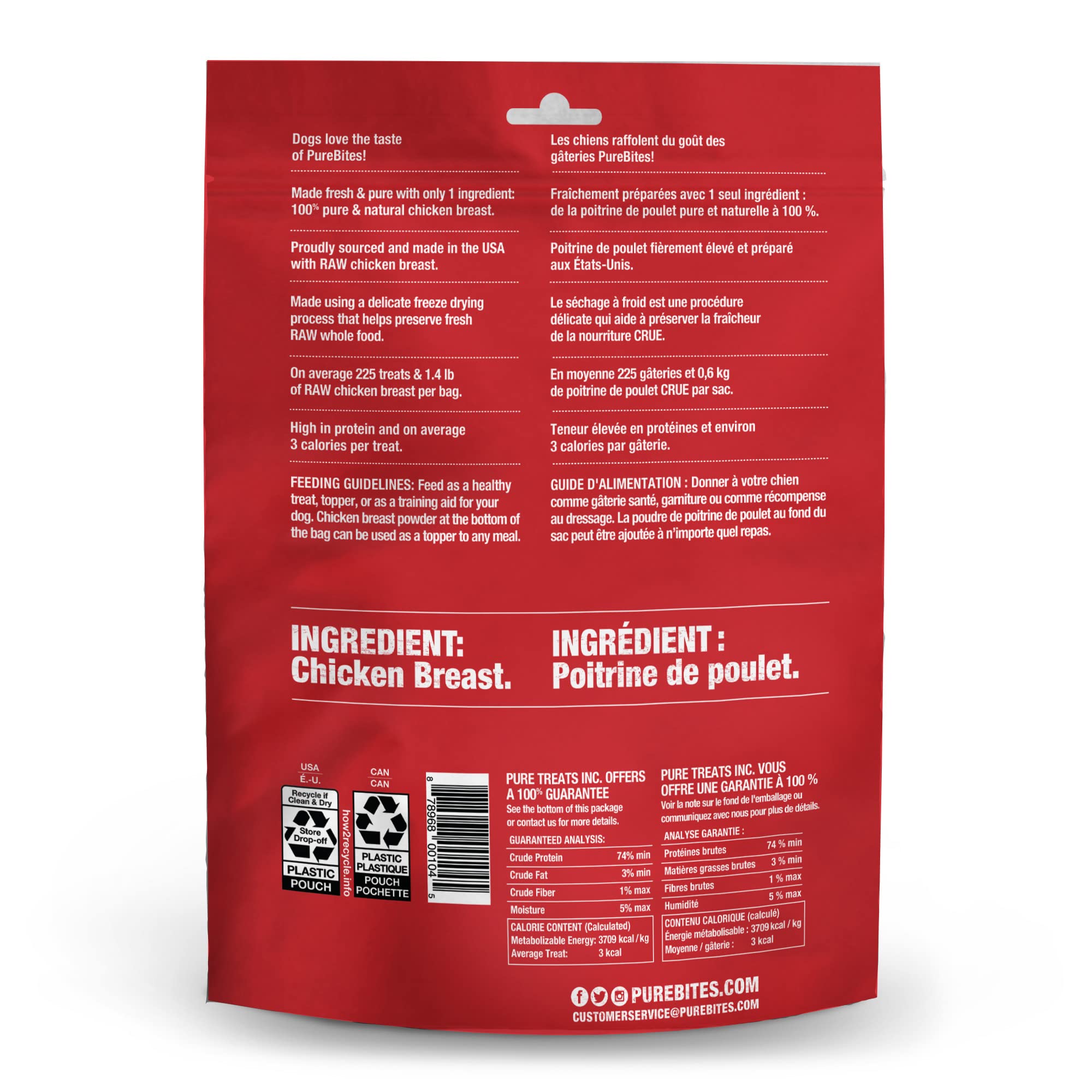 PureBites chicken freeze-dried dog treats calorie label emphasizes portion control.