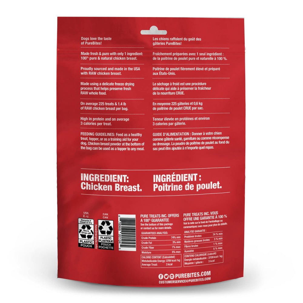 PureBites chicken freeze-dried dog treats calorie label emphasizes portion control.