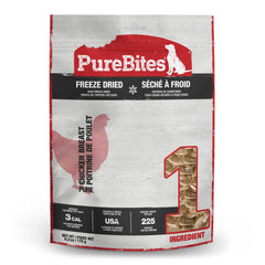 PureBites chicken freeze-dried dog treats pack shot highlights USA-made quality and protein.