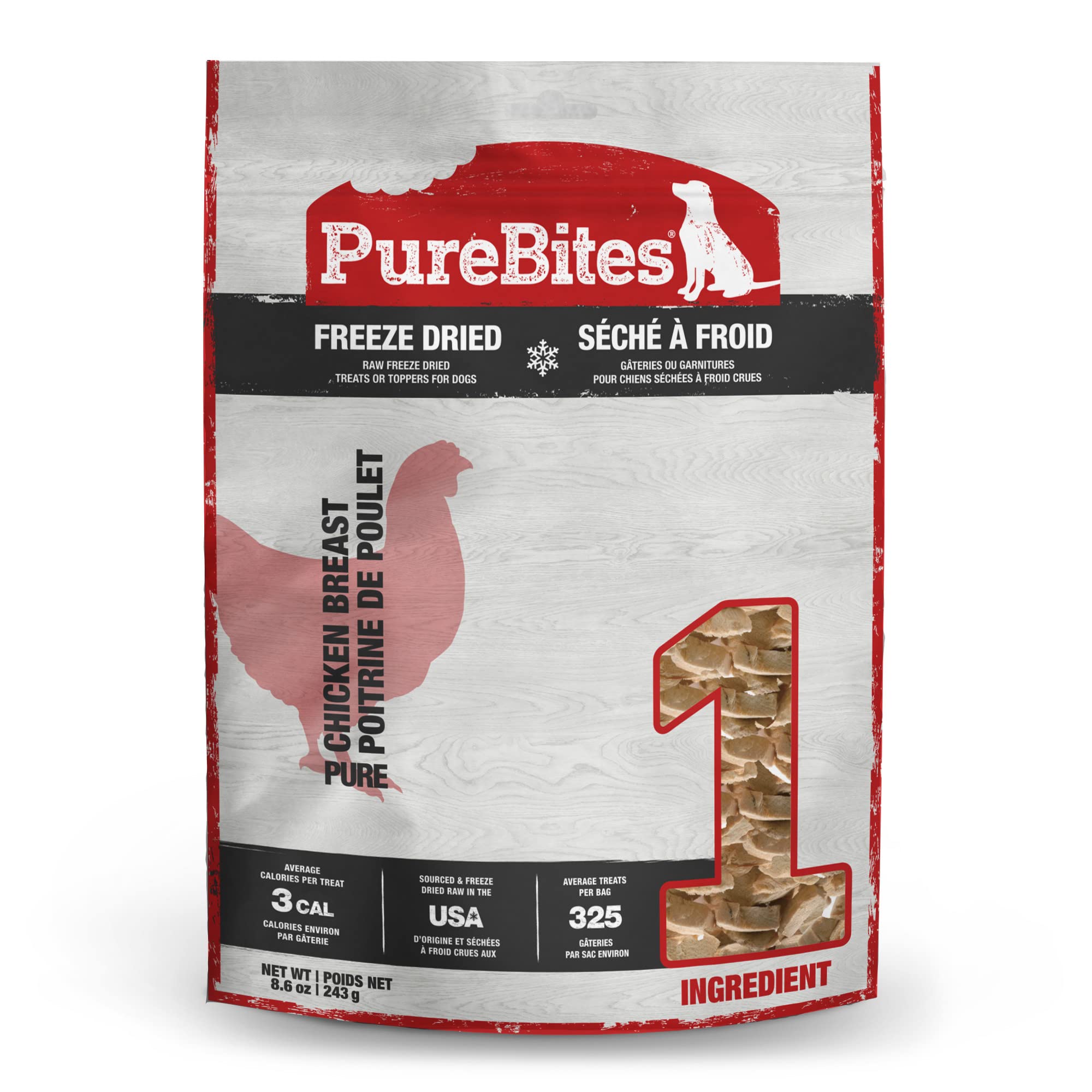 PureBites chicken freeze-dried front of bag highlighting 1-ingredient formula for high-protein, low-calorie treats