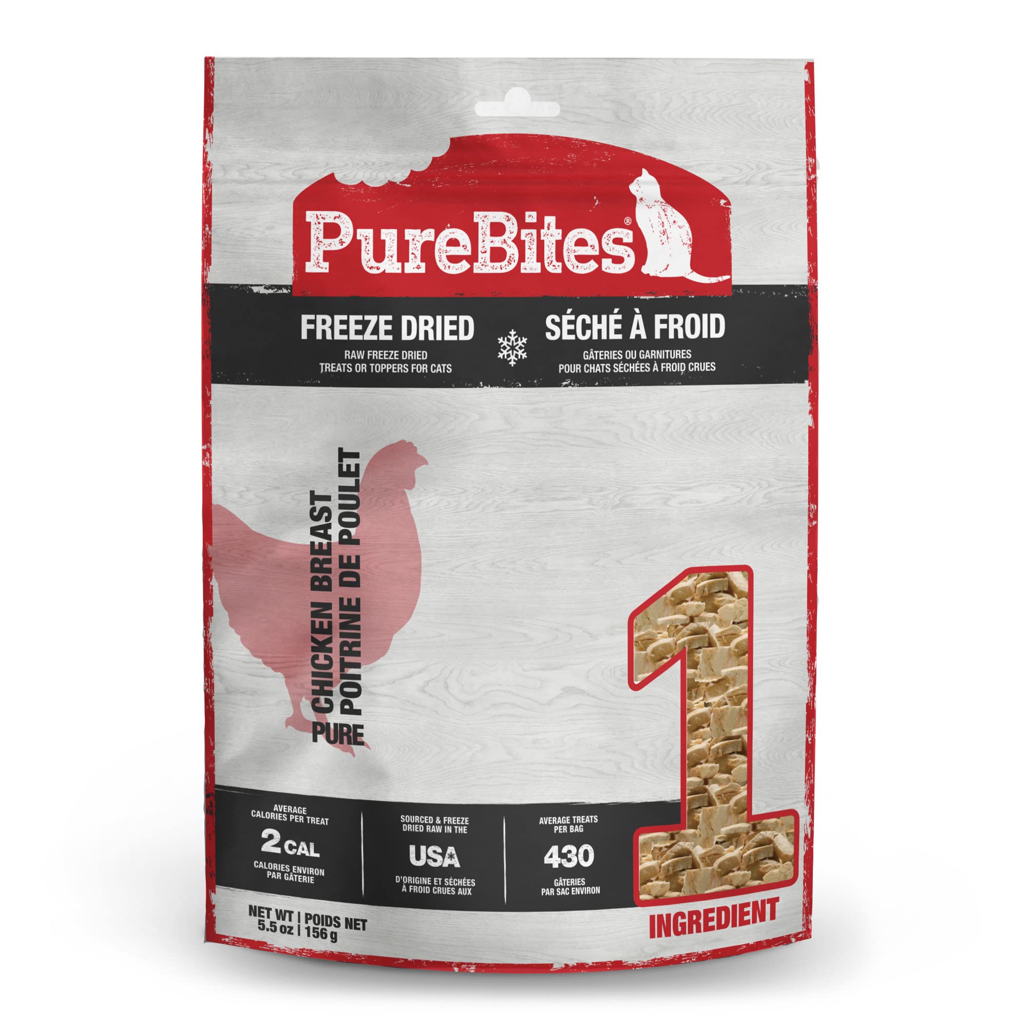 PureBites chicken freeze-dried treats front of bag offering a high-protein cat snack.