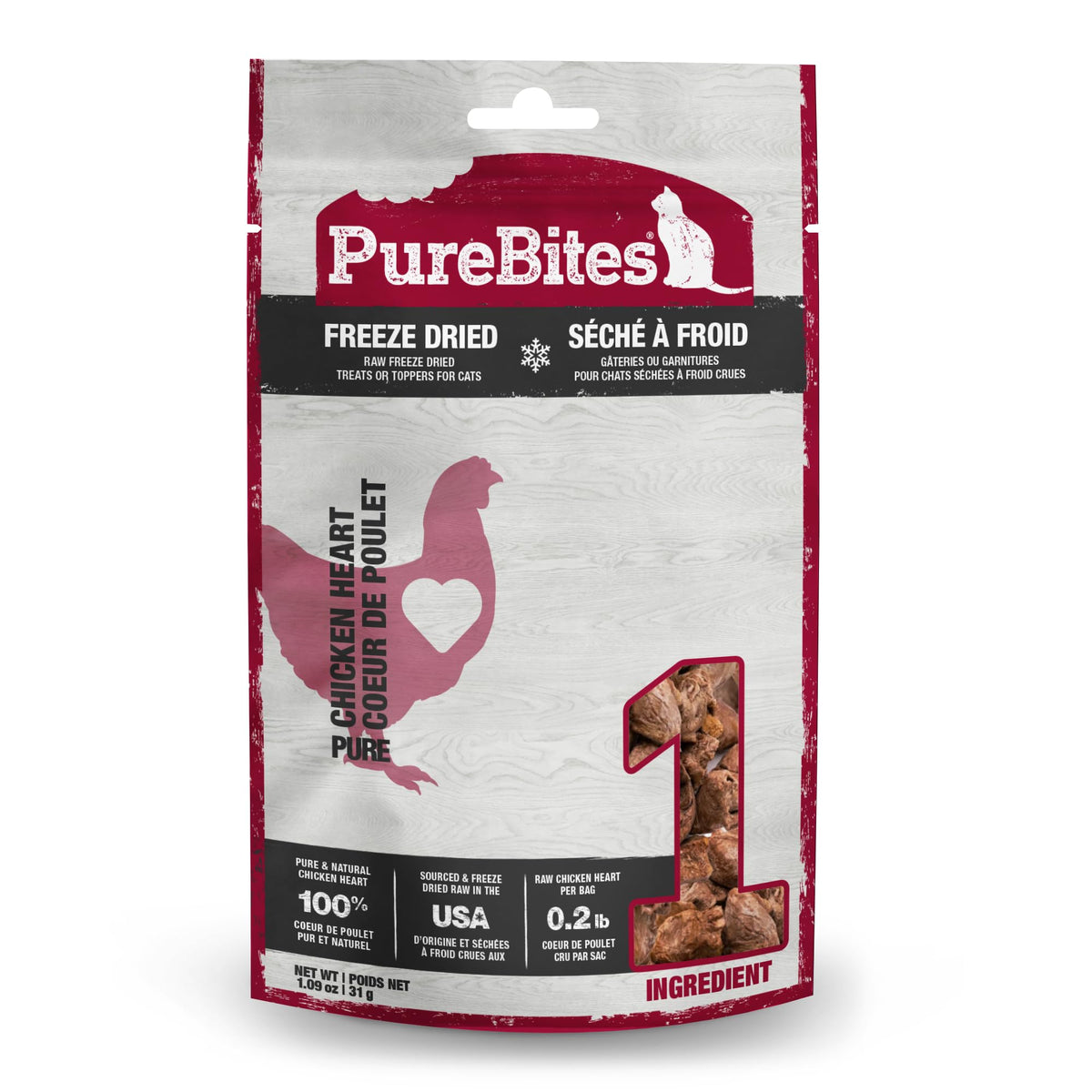 PureBites Chicken Heart bag front; high-protein single-ingredient cat treat.