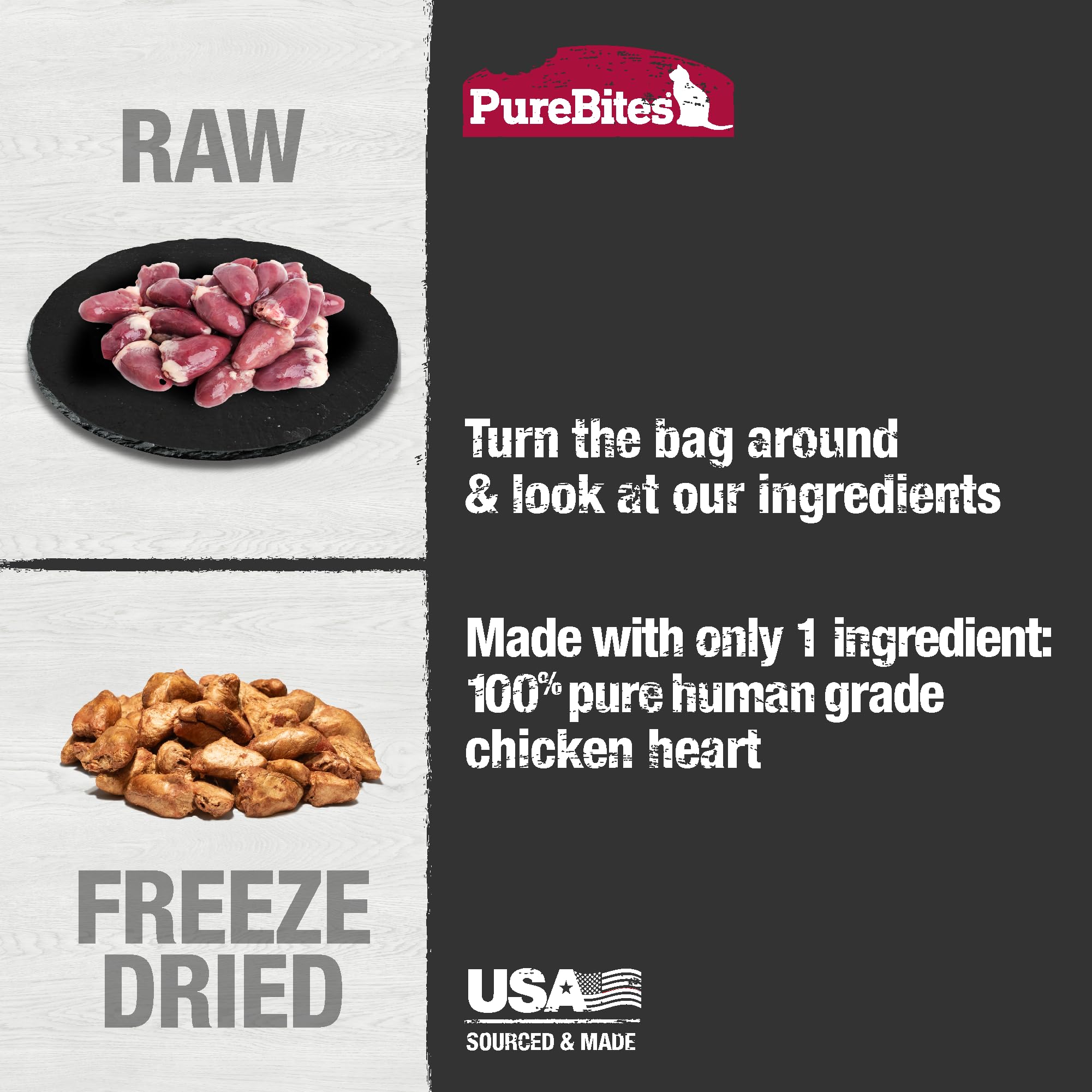 PureBites Chicken Heart freeze-dried chunks offer crunchy texture and protein.