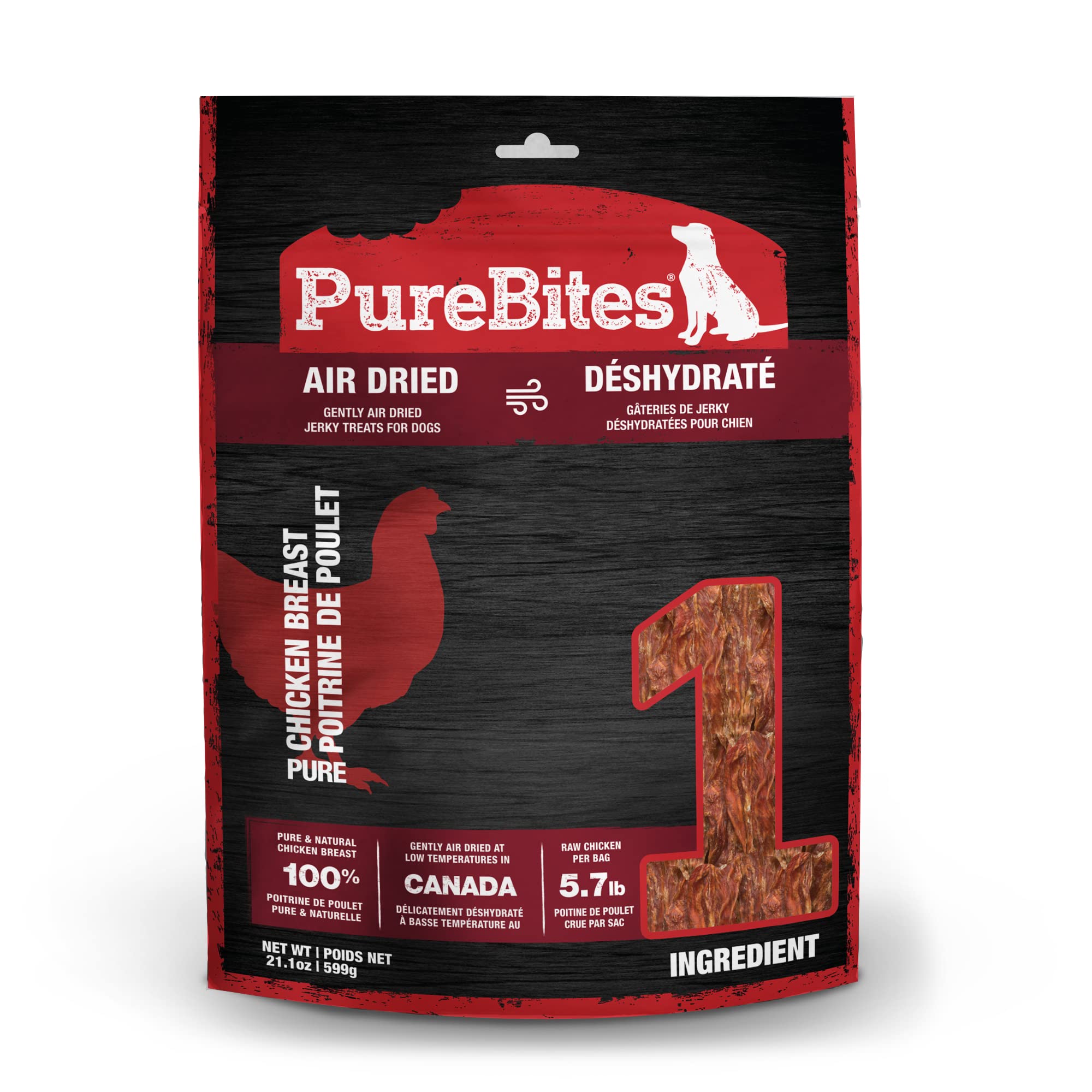 PureBites Chicken Jerky bag front—high-protein, single-ingredient dog treat.