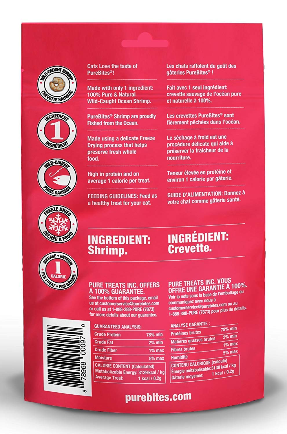 PureBites freeze-dried cat treats shrimp closeup highlights aroma and crisp texture.