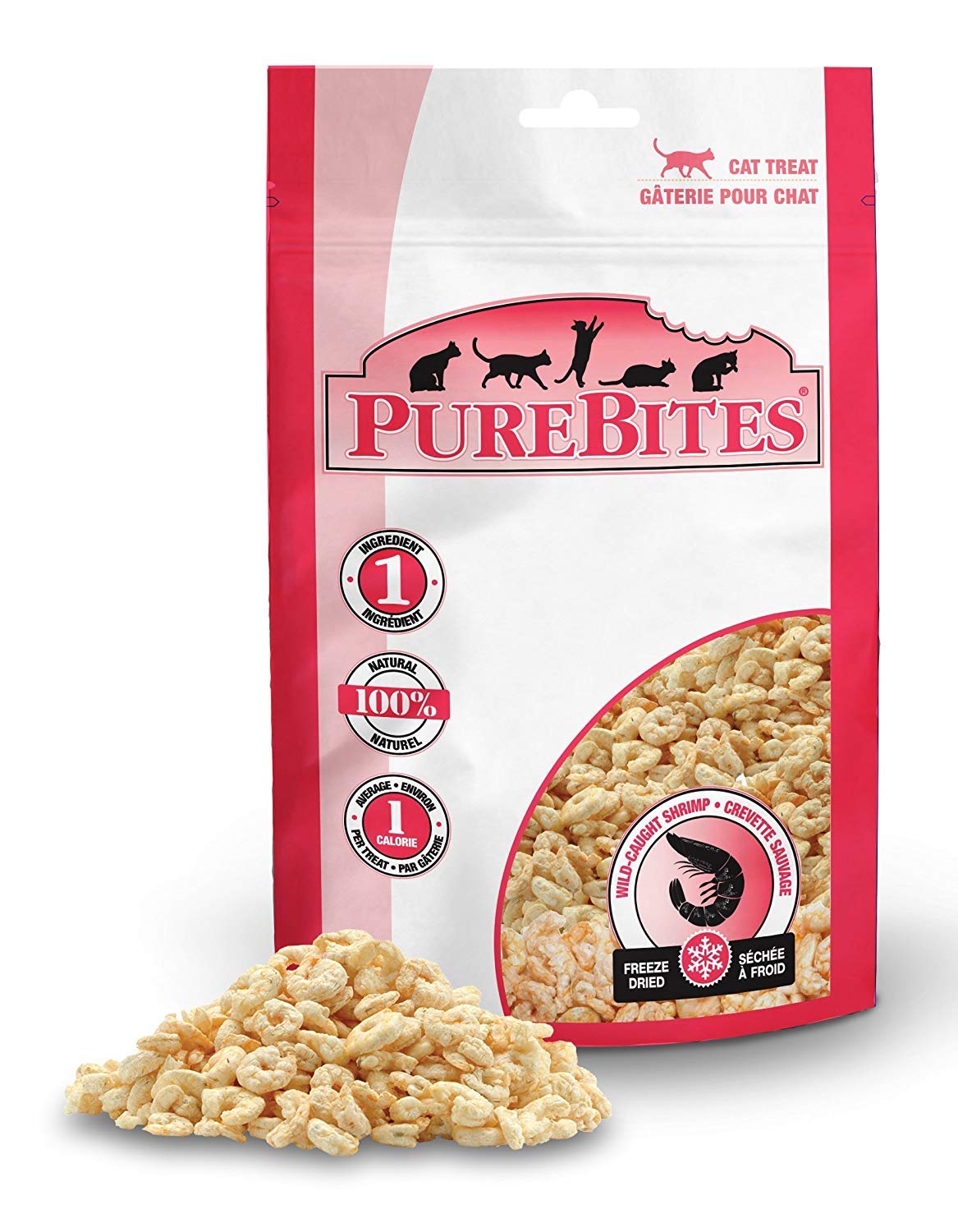 PureBites freeze-dried cat treats shrimp pack shows a simple, protein-rich snack.
