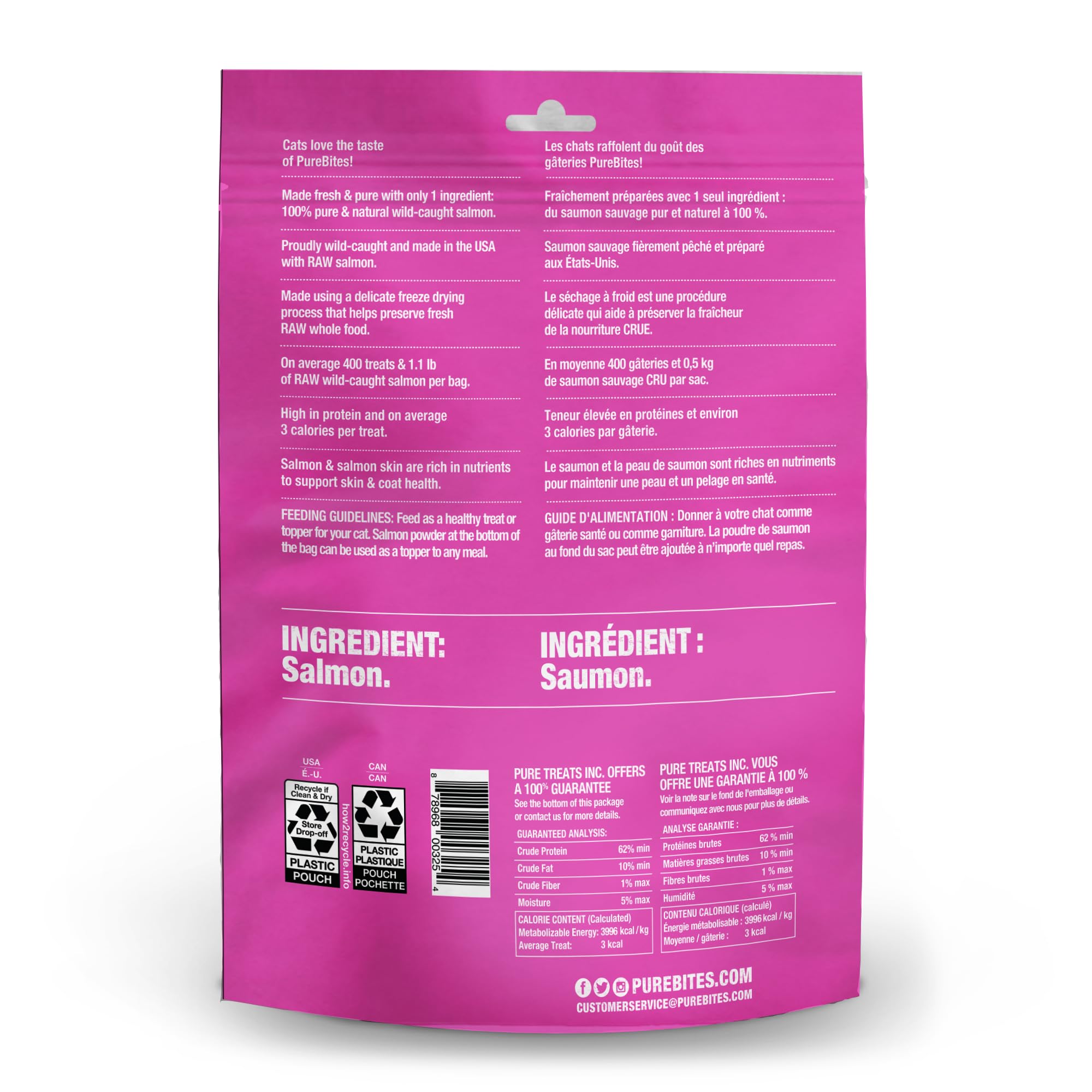 PureBites freeze-dried salmon cat treats bag closeup showing crisp texture for quick treats