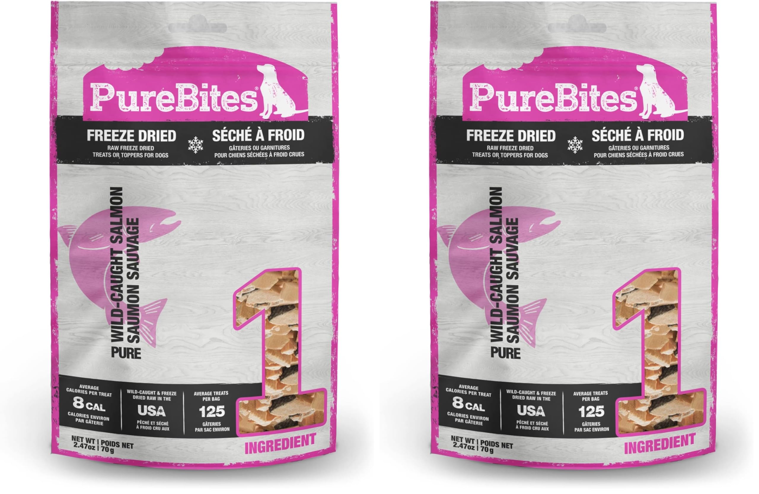 PureBites freeze-dried salmon dog treats packaging close-up showing 1-ingredient formula