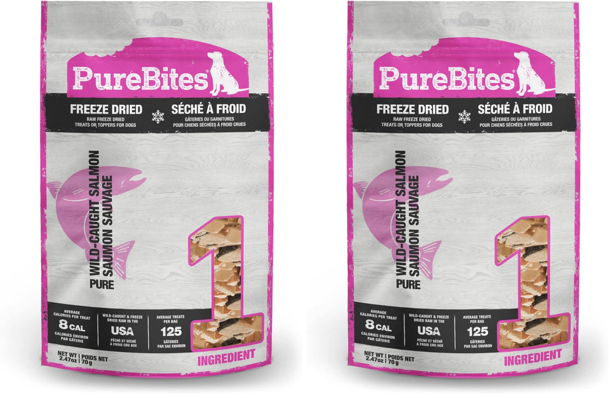 PureBites freeze-dried salmon dog treats packaging close-up showing 1-ingredient formula