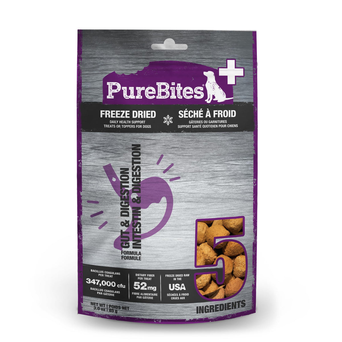 PureBites gut-digestion treats bag-front shows 3oz pack for daily digestive support