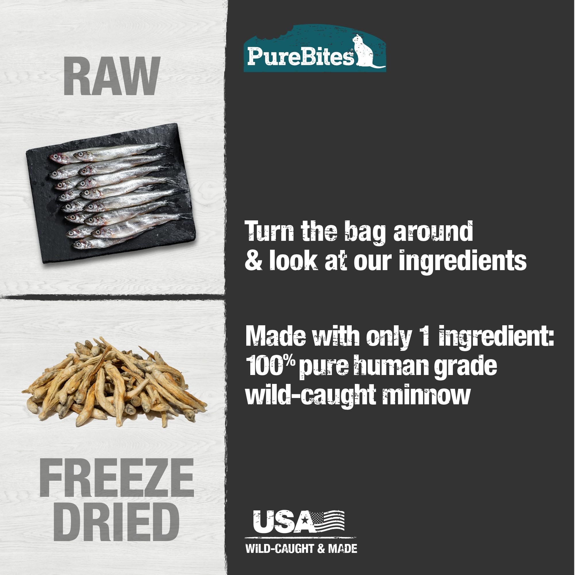 PureBites Minnow USA-sourcing label emphasizing USA production.