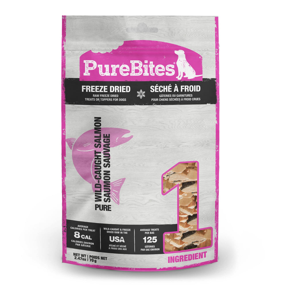PureBites Salmon freeze-dried treat bag shows 1-ingredient purity for dogs