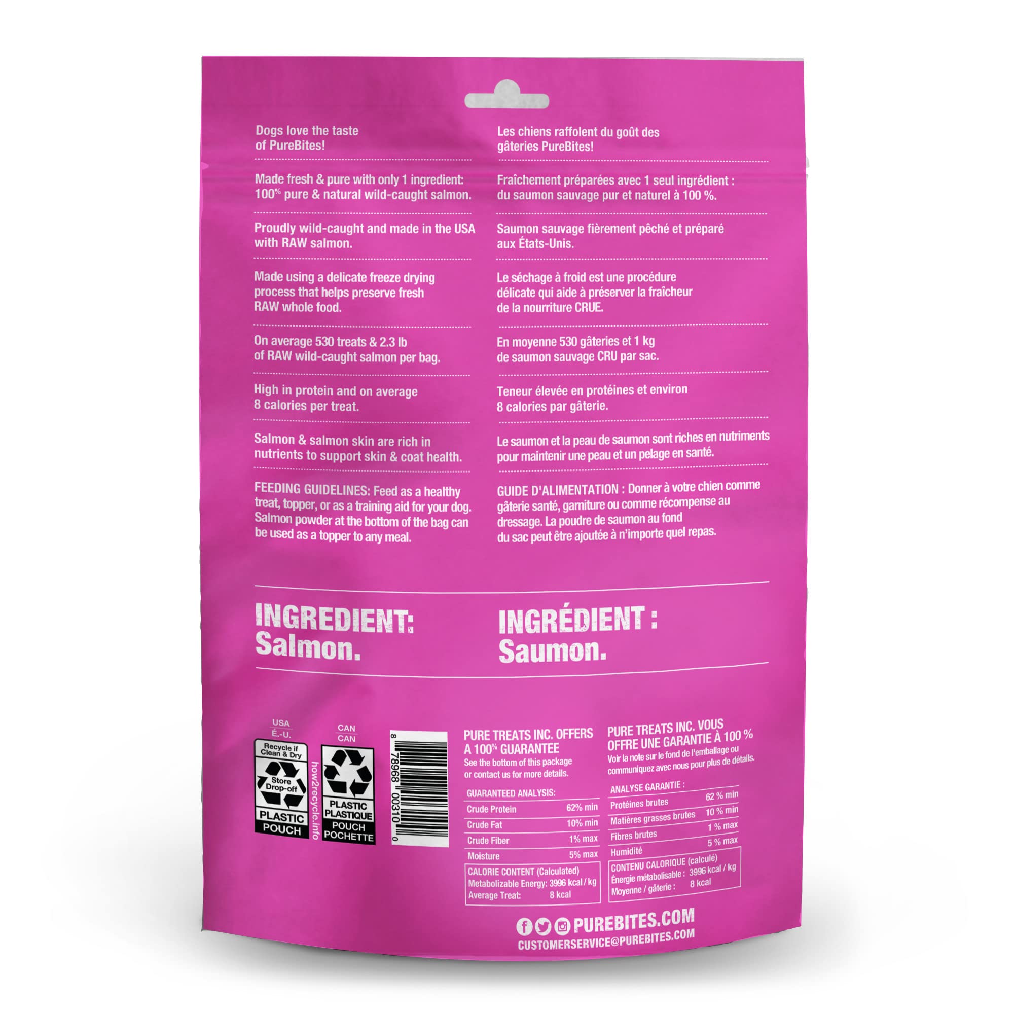 PureBites salmon treat texture closeup highlights crunchy, high-protein bite