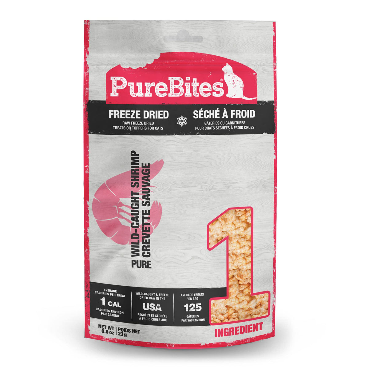 PureBites shrimp-treats bag-open closeup shows single-ingredient protein for cats.