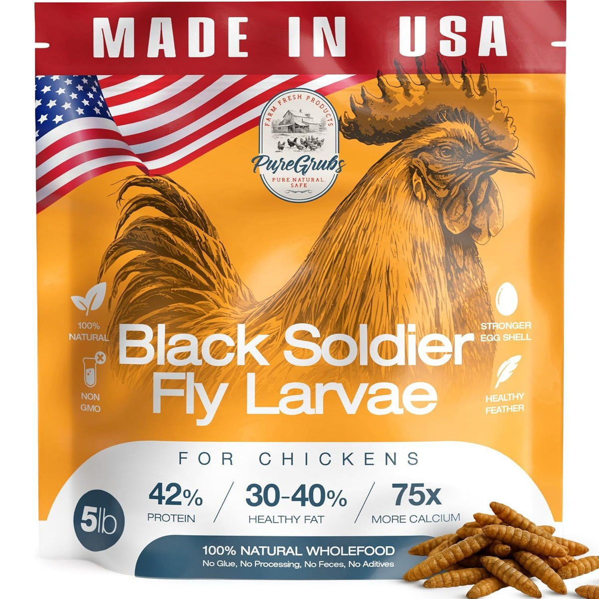 PureGrubs BSFL larvae bag front—USA-grown treats for healthier eggs.