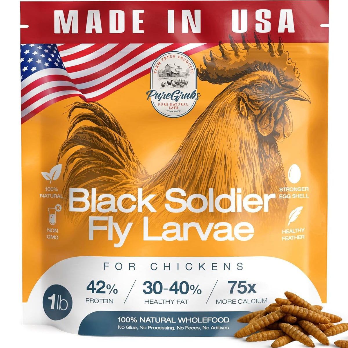 PureGrubs BSFL bag-sealed shows ready-to-use, protein-rich chicken treat.