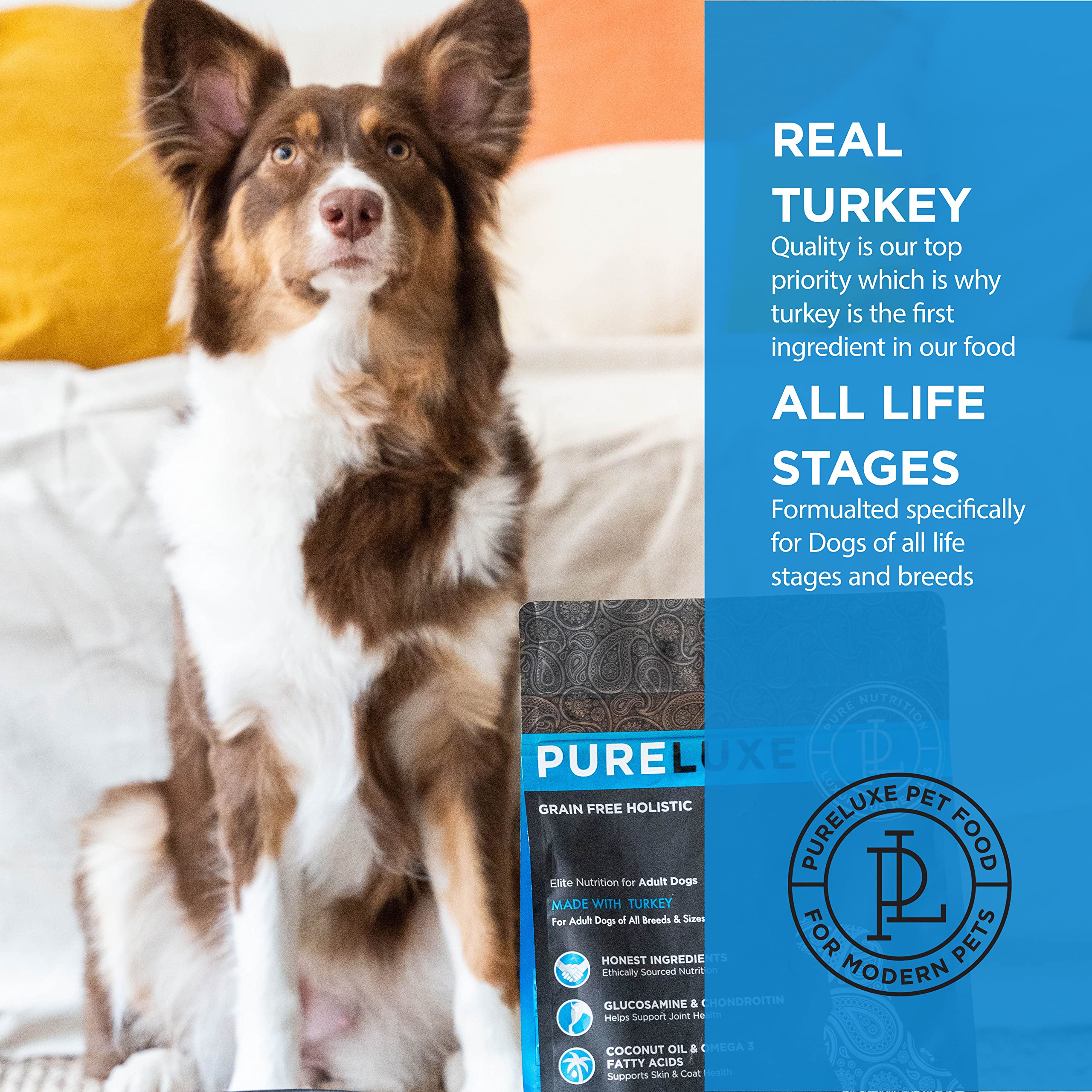 PURELUXE dog food bag front USA-made label communicates quality.