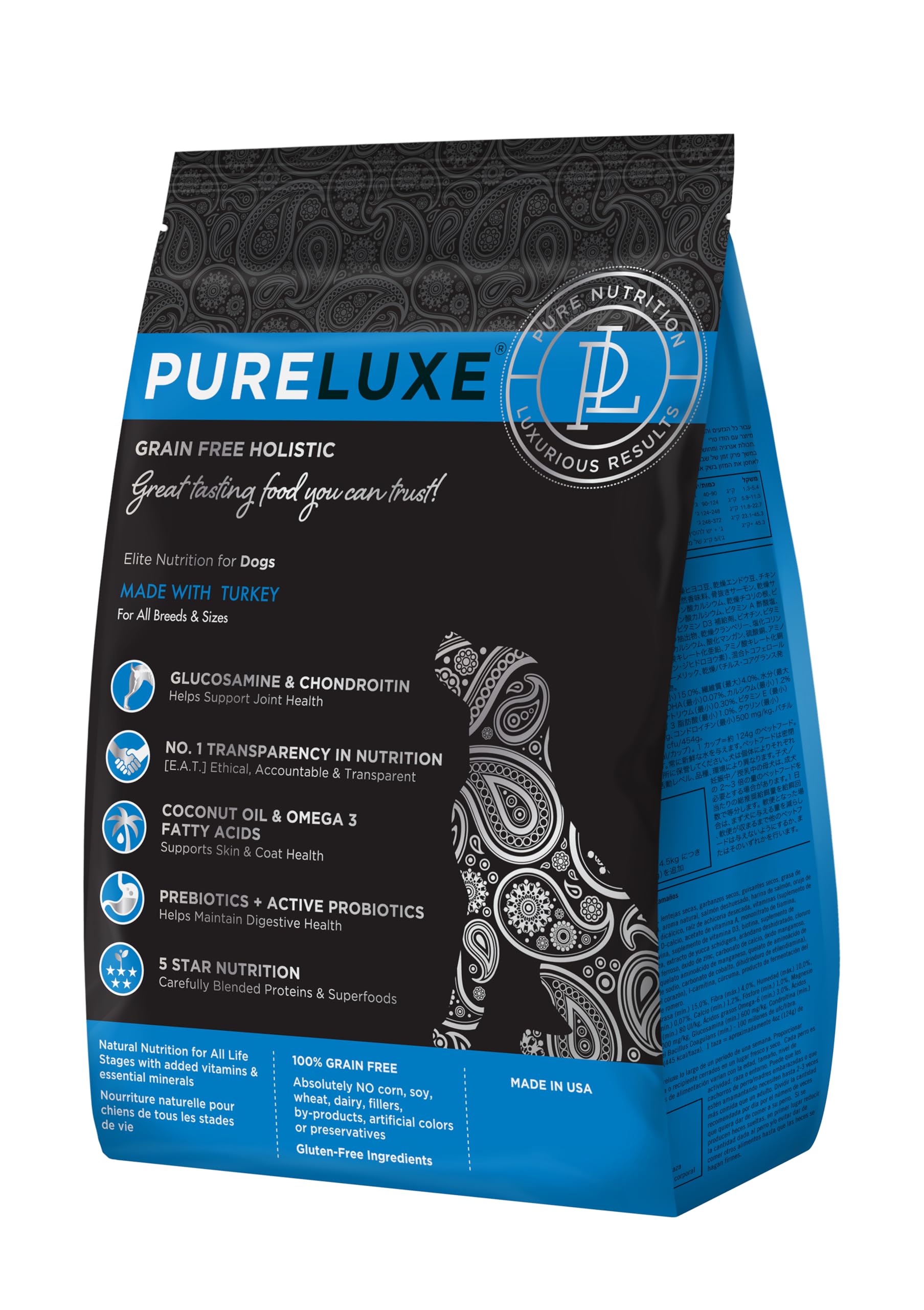 PURELUXE grain-free dog food kibble closeup showing high-protein turkey for active dogs.
