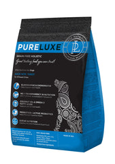 PURELUXE grain-free dog food kibble closeup showing high-protein turkey for active dogs.