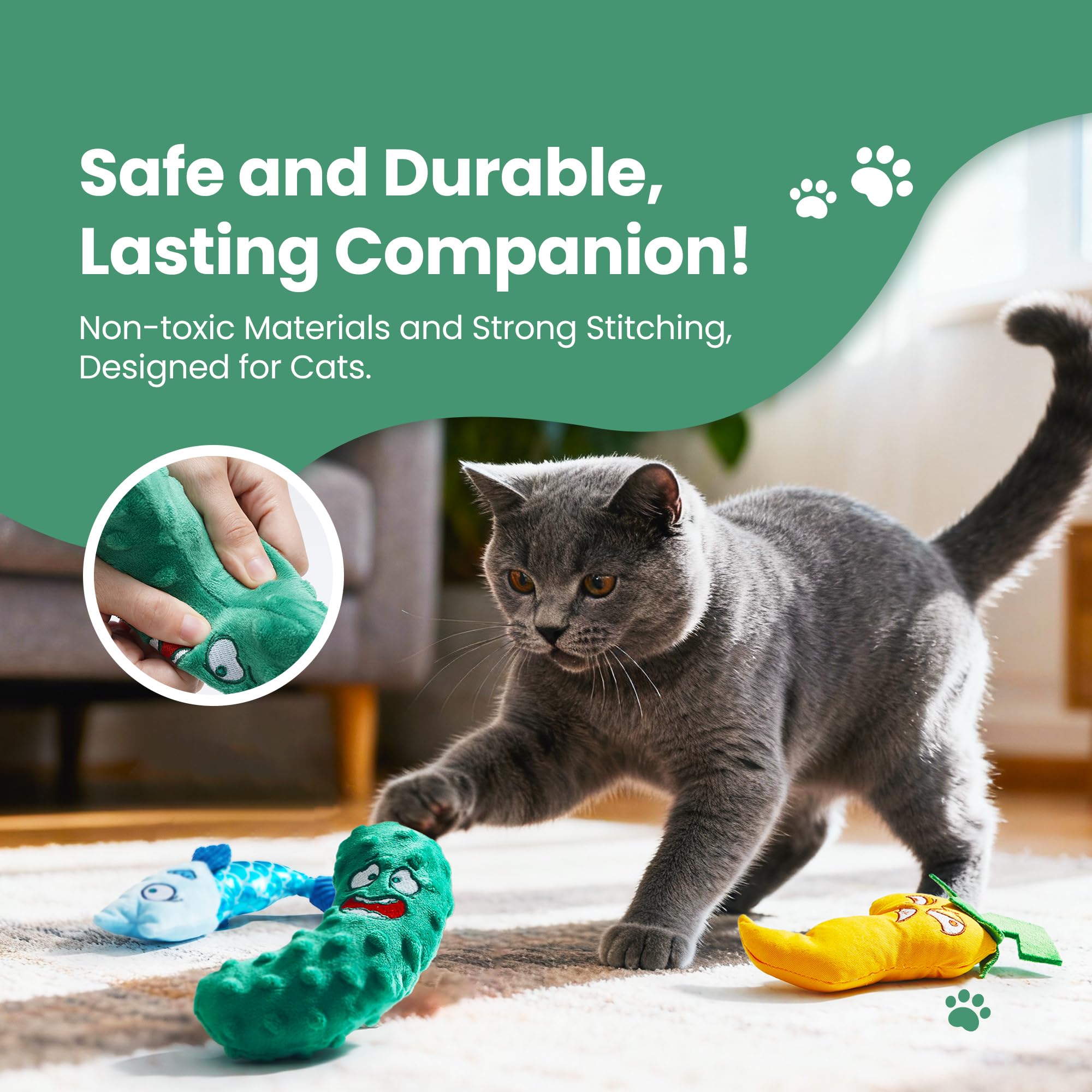 PURETOY catnip cucumber toy close-up invites safe chewing and chasing fun.
