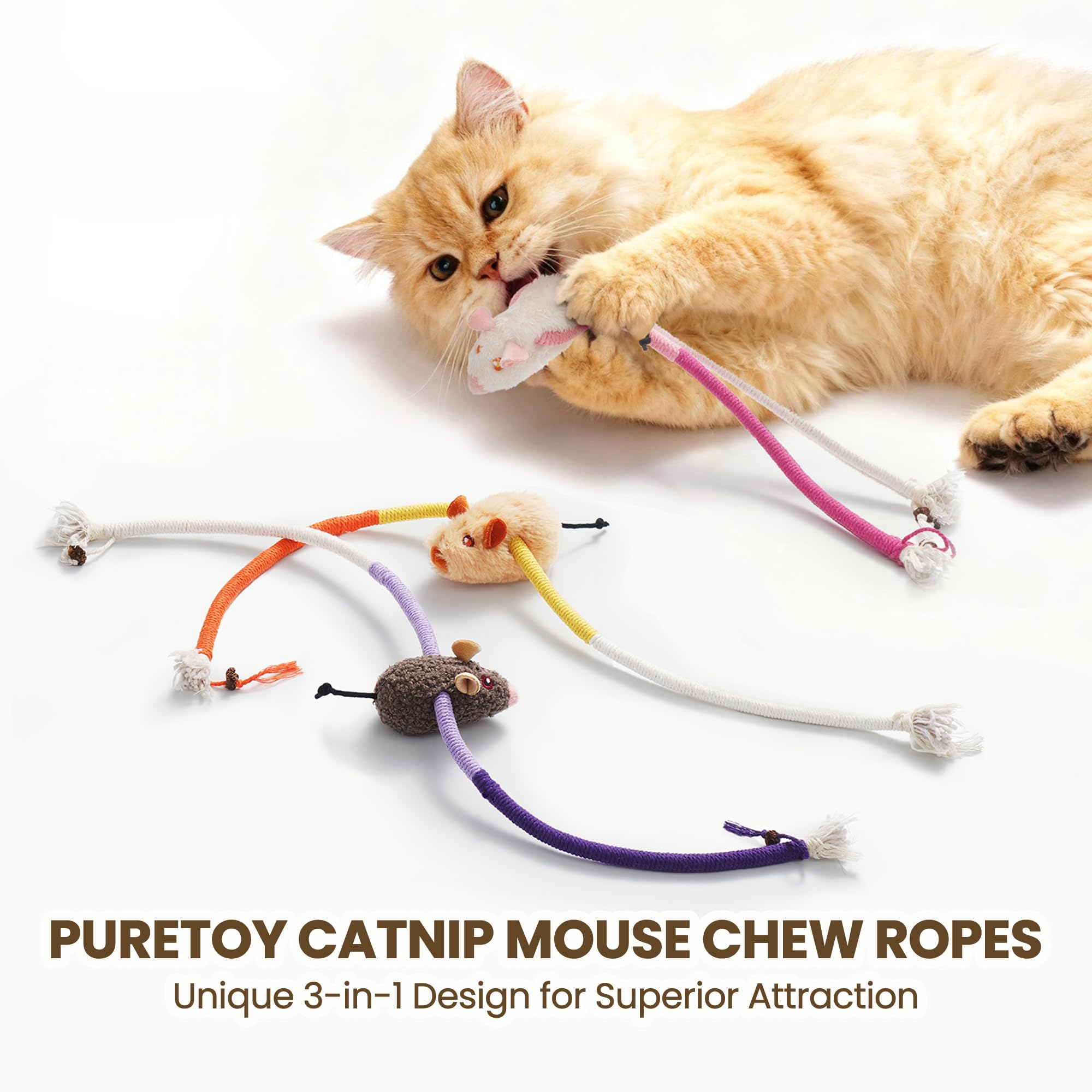 Puretoy catnip toy package image emphasizes stimulating scent and multi-sensory fun.