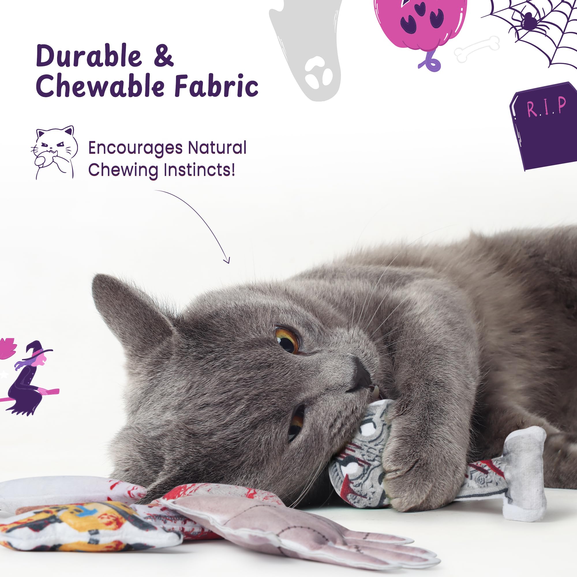 PURETOY tombstone-shaped catnip toy sparks playful hunting and Halloween-themed amusement.