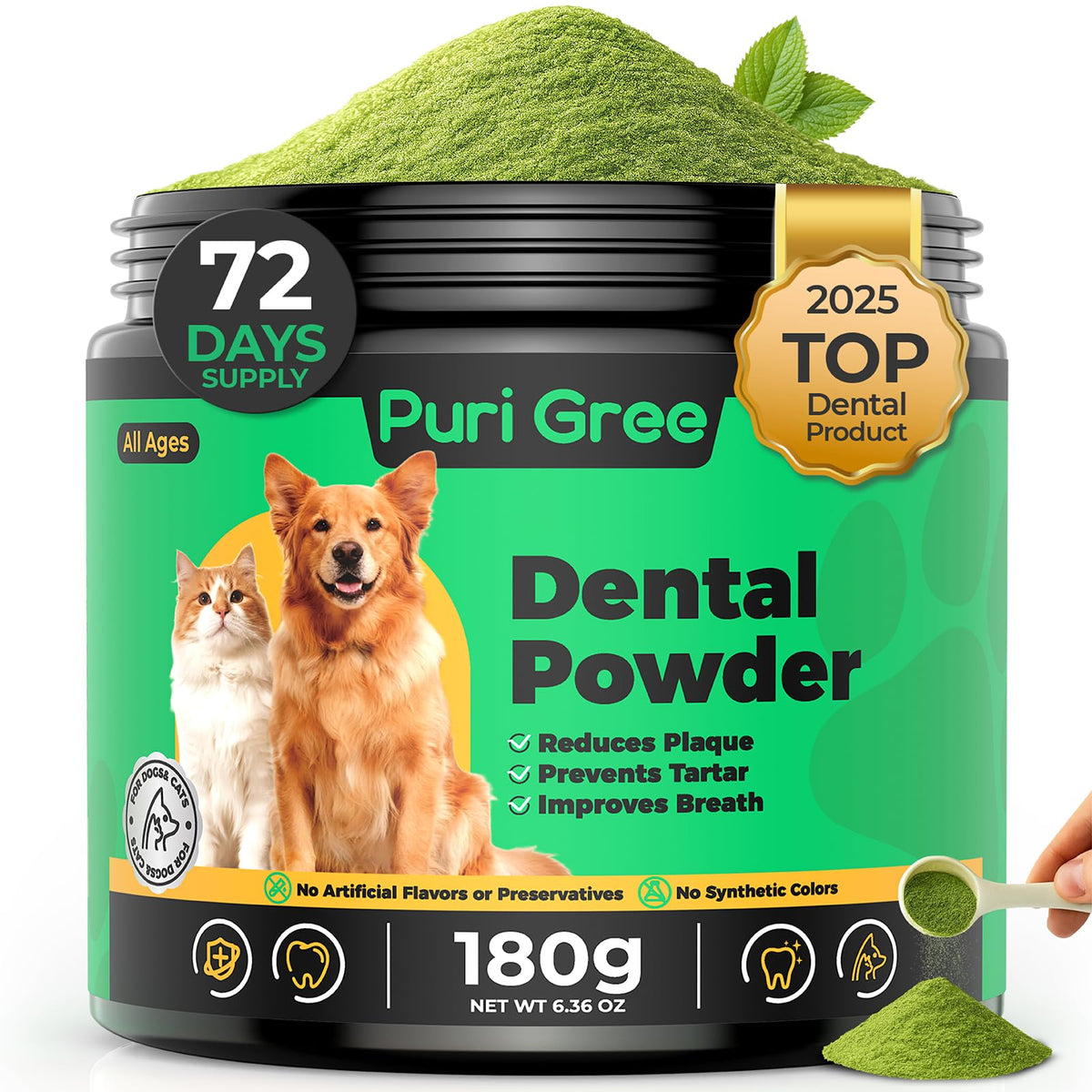 PuriGree dog dental powder bottle shows long-lasting supply for daily care.