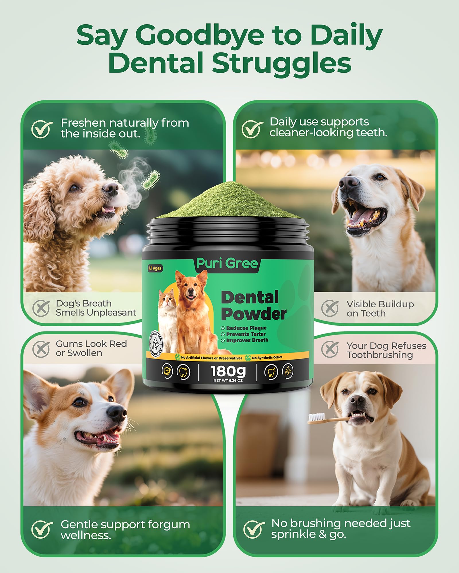 PuriGree dental powder sprinkled on dog food for simple daily oral care.