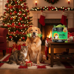 PuriGree dog dental powder being sprinkled over food for easy daily use.