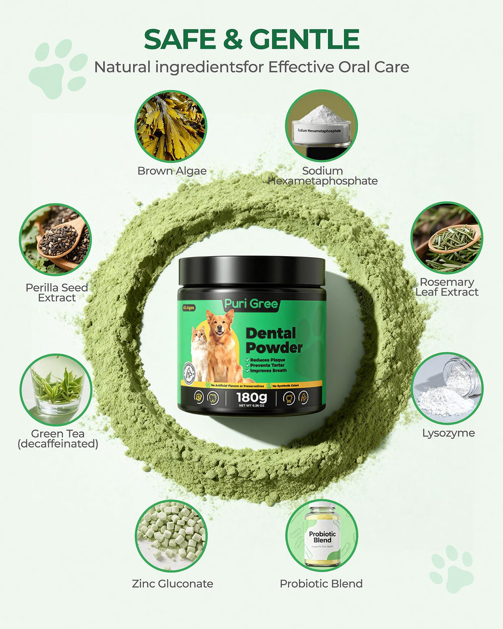 PuriGree powder on dog teeth illustration depicting tartar reduction concept.
