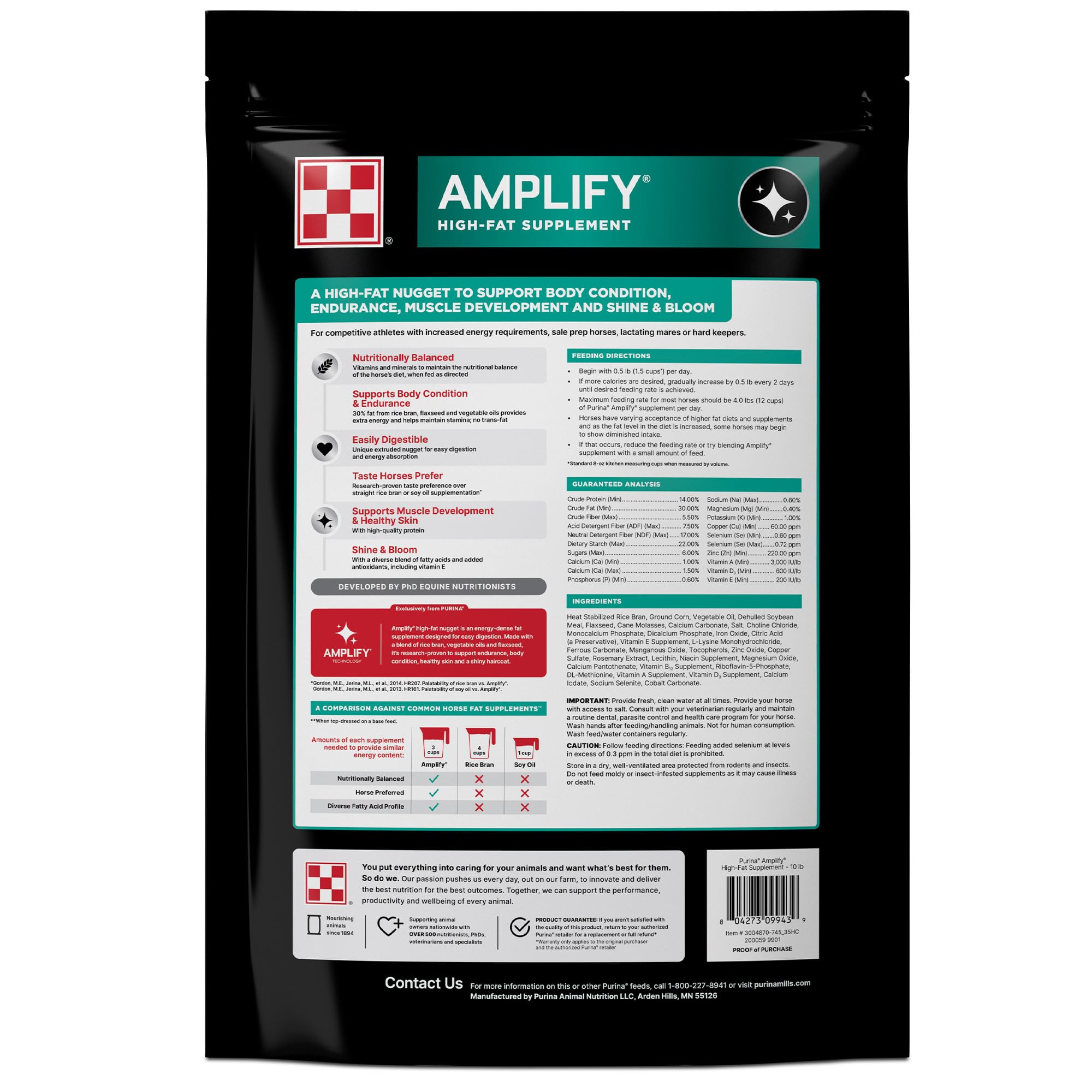 Purina Amplify high-fat horse supplement nuggets close-up highlighting easy-digest particles