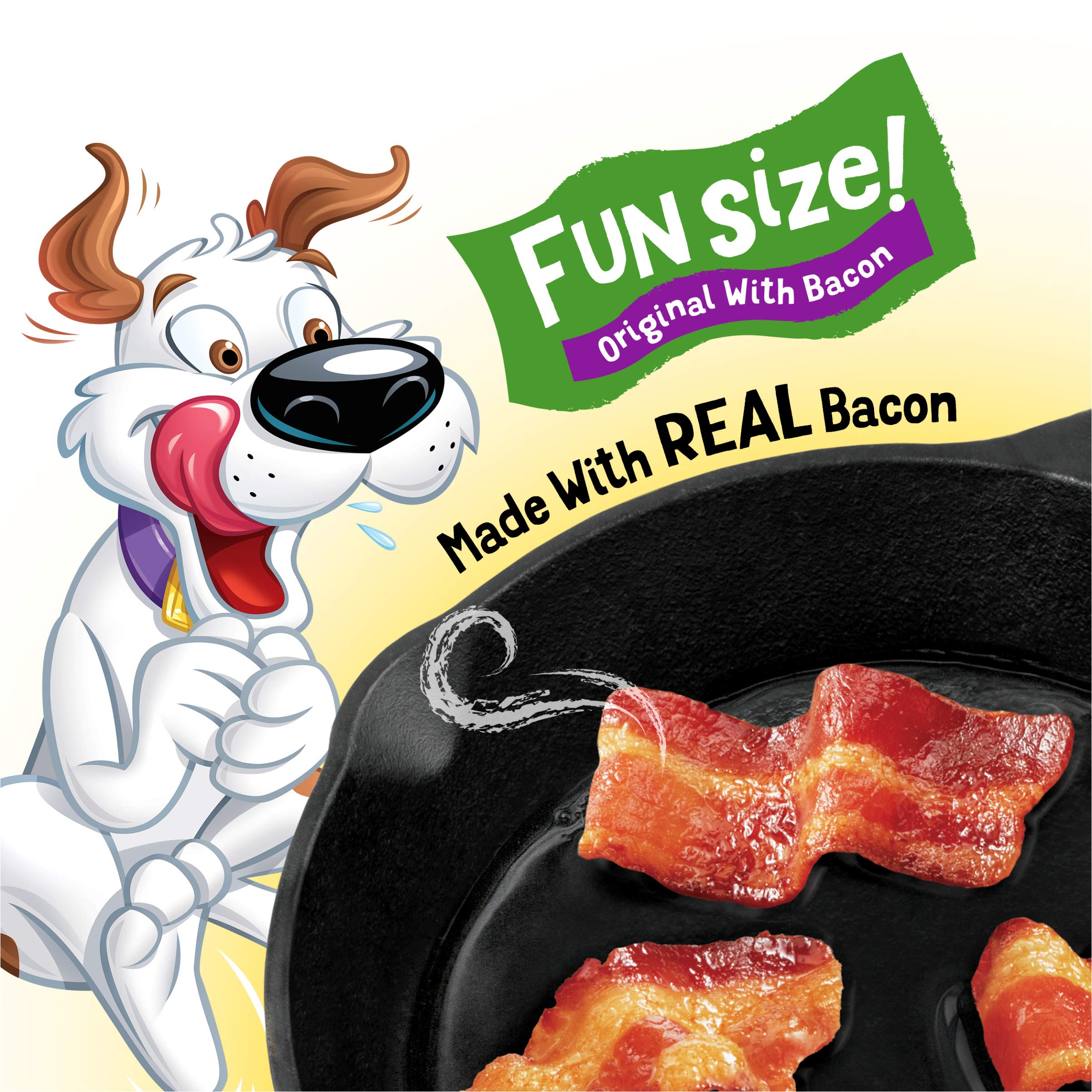 Purina Beggin' bacon strip close-up highlights chewy texture and bacon flavor.