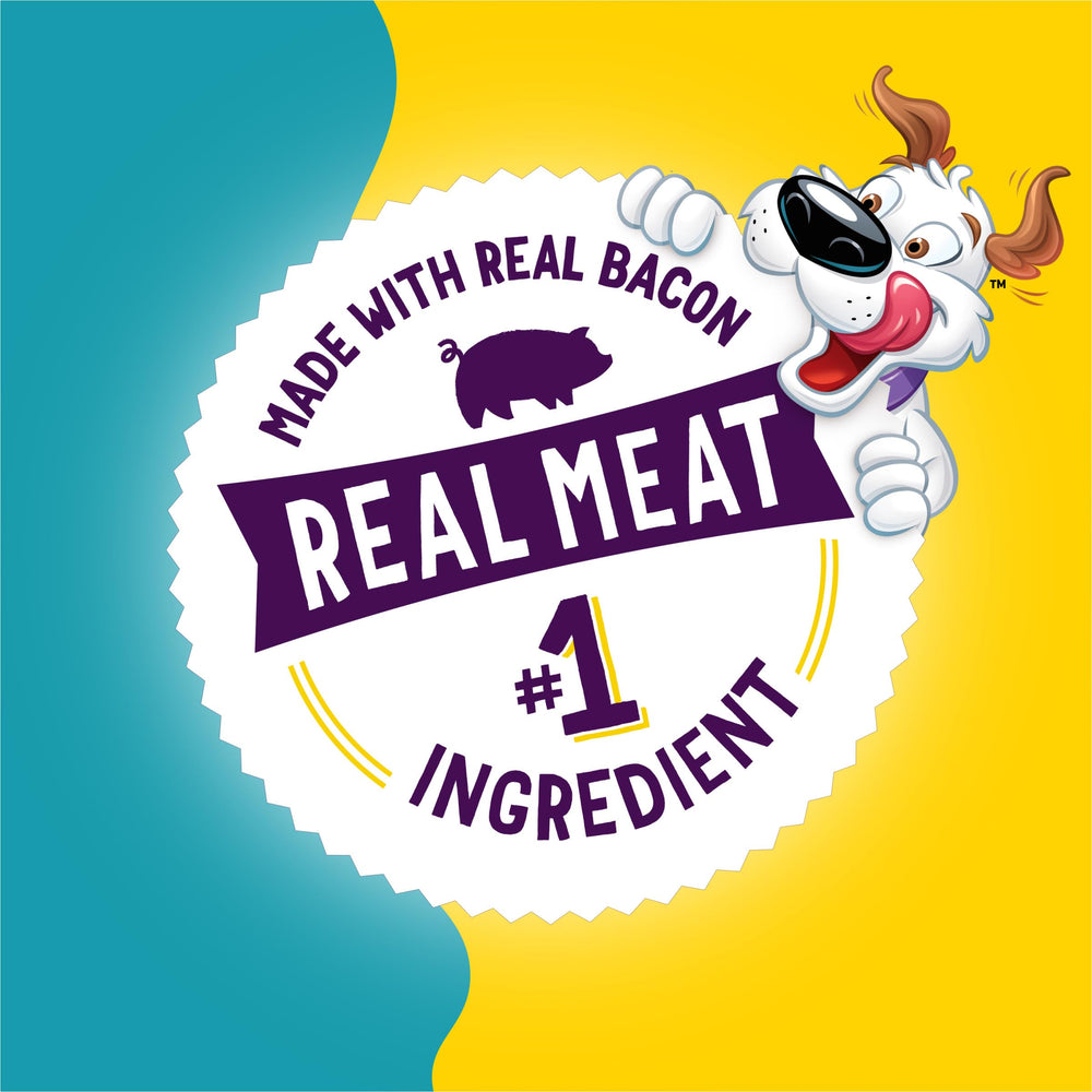 Purina Beggin’ dog treats bacon-peanut-butter texture—soft and chewy for easy munching.