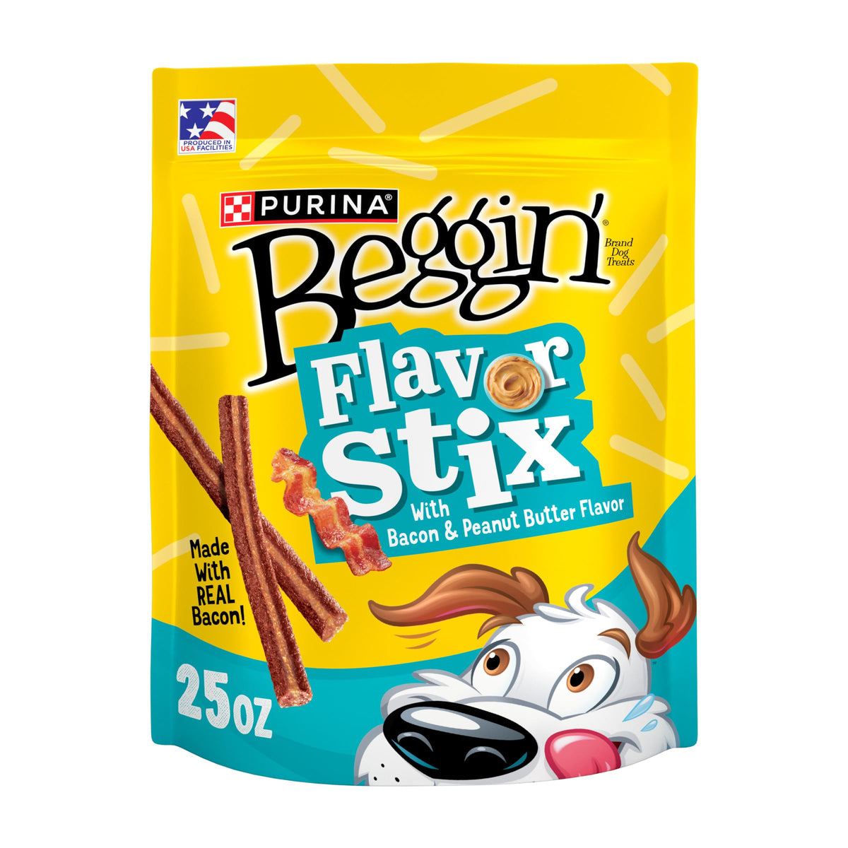 Purina Beggin’ Flavor Stix bacon-peanut-butter-pack demonstrates a convenient 25 oz pouch for daily rewards.