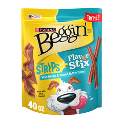 Purina Beggin’ Flavor Stix and Strips pack shot—two tasty options for rewarding good behavior.