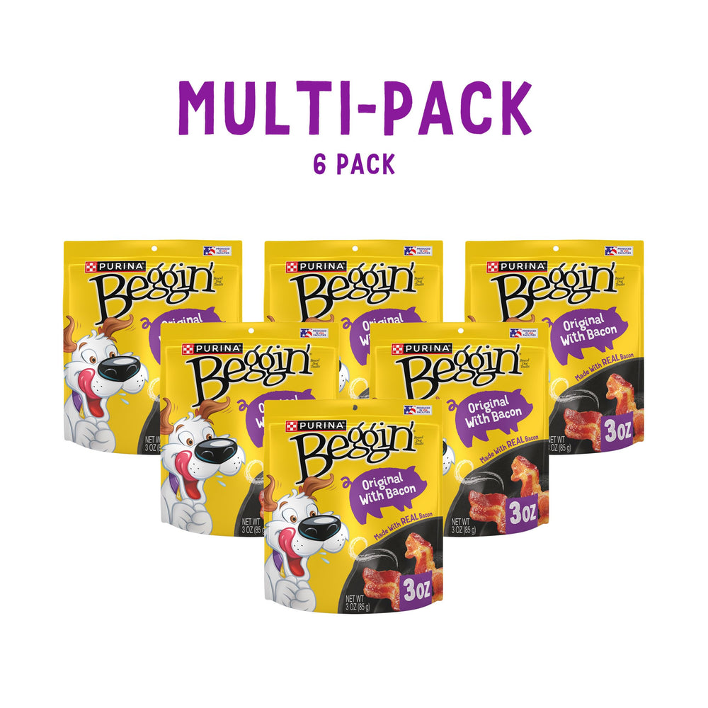 Purina Beggin' Strips bacon-flavor closeup highlights chew-friendly texture for easy tearing.