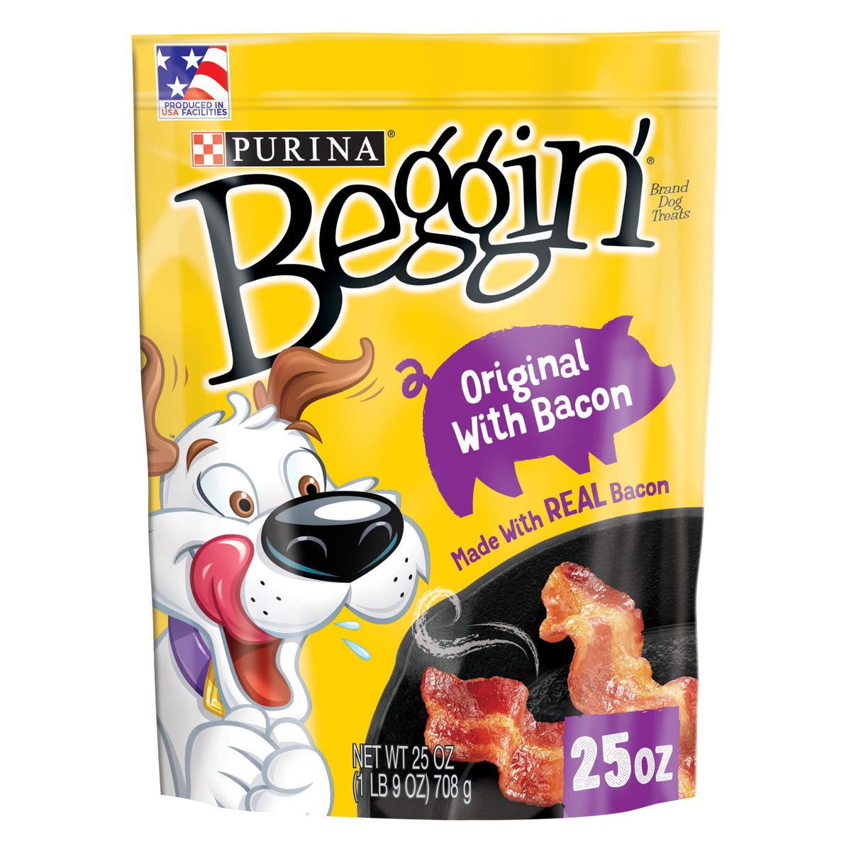 Purina Beggin' Strips original bacon pack front with resealable pouch for easy storage.